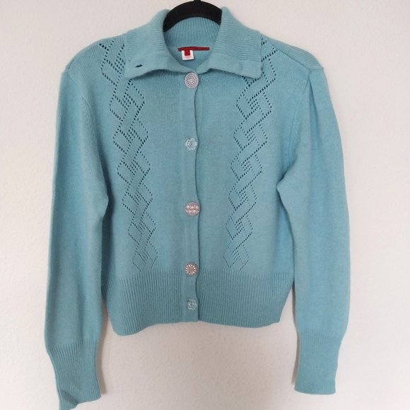 Tapemeasure Vintage Blue Pointelle Knit Wool Blend Button Up Cardigan NWOT - Picture 1 of 12